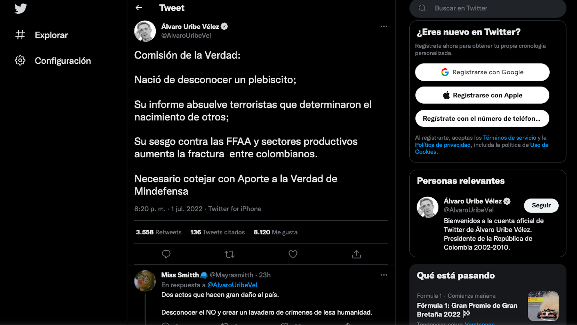 Opinión de Álvaro Uribe Vélez sobre el Informe Final entregado por la Comisión de la Verdad / (Twitter: @alvarouribevel)