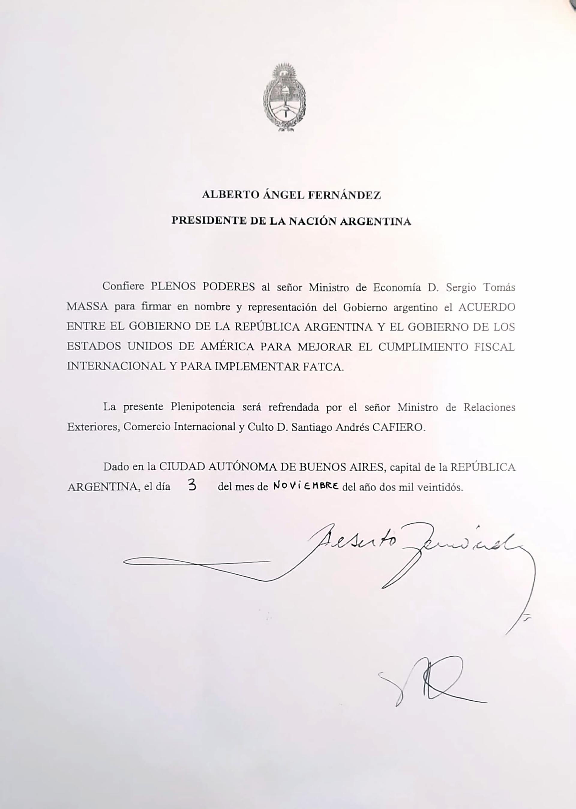 A document giving Massa full powers to sign the contract