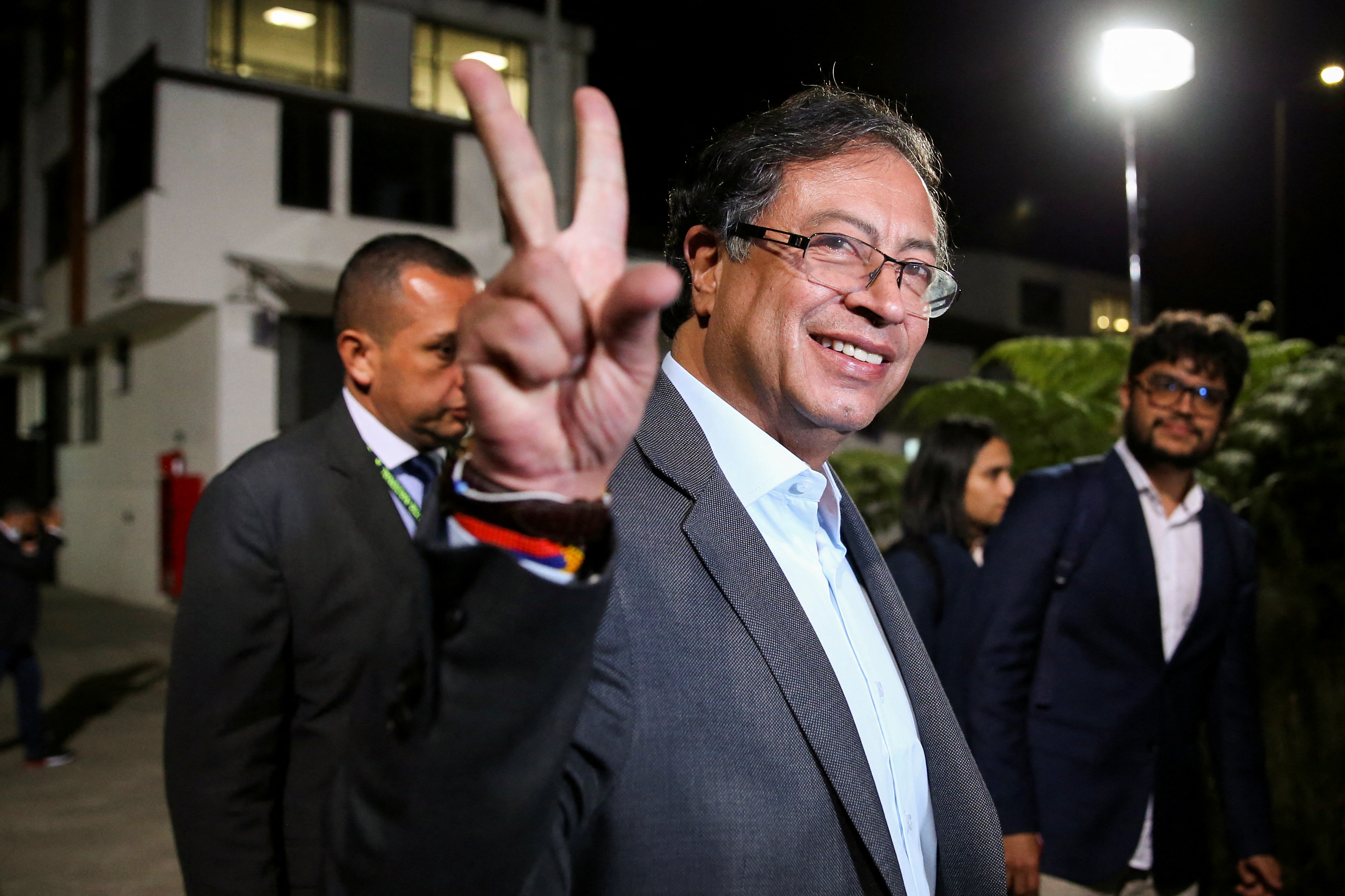 Colombian left-wing presidential candidate Gustavo Petro of the Historic Pact coalition reacts during his arrival for a televised debate at the Caracol channel, in Bogota, Colombia May 27, 2022. REUTERS/Luisa Gonzalez