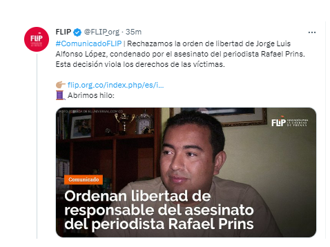 La fundación recordó que el periodista fue asesinado el 18 de febrero del 2005, en venganza por divulgar las denuncias de corrupción contra Alfonso López, quien se ocupaba como alcalde de Magangué. @FLIP_org/Twitter.