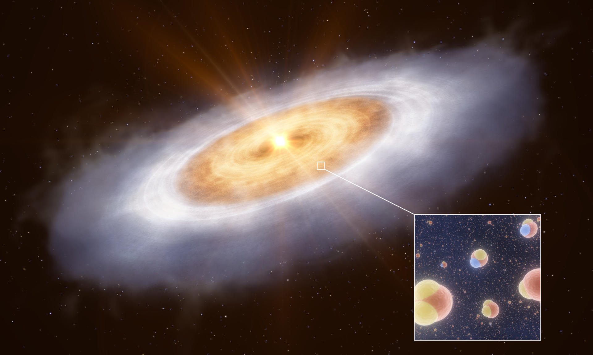 Esta representación artística muestra el disco de formación planetaria que hay alrededor de la estrella V883 Orionis (EFE/ESO/L. Calçada)