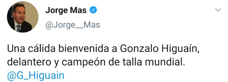 La publicación del gerente del Inter Miami en su recepción a Gonzalo Higuaín al llegar a Miami