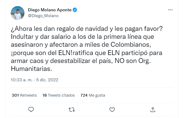 El exministro de Defensa, Diego Molano también se despachó contra la liberación de jóvenes detenidos durante el paro nacional de 2021. 
Vía Twitter (@Diego_Molano)