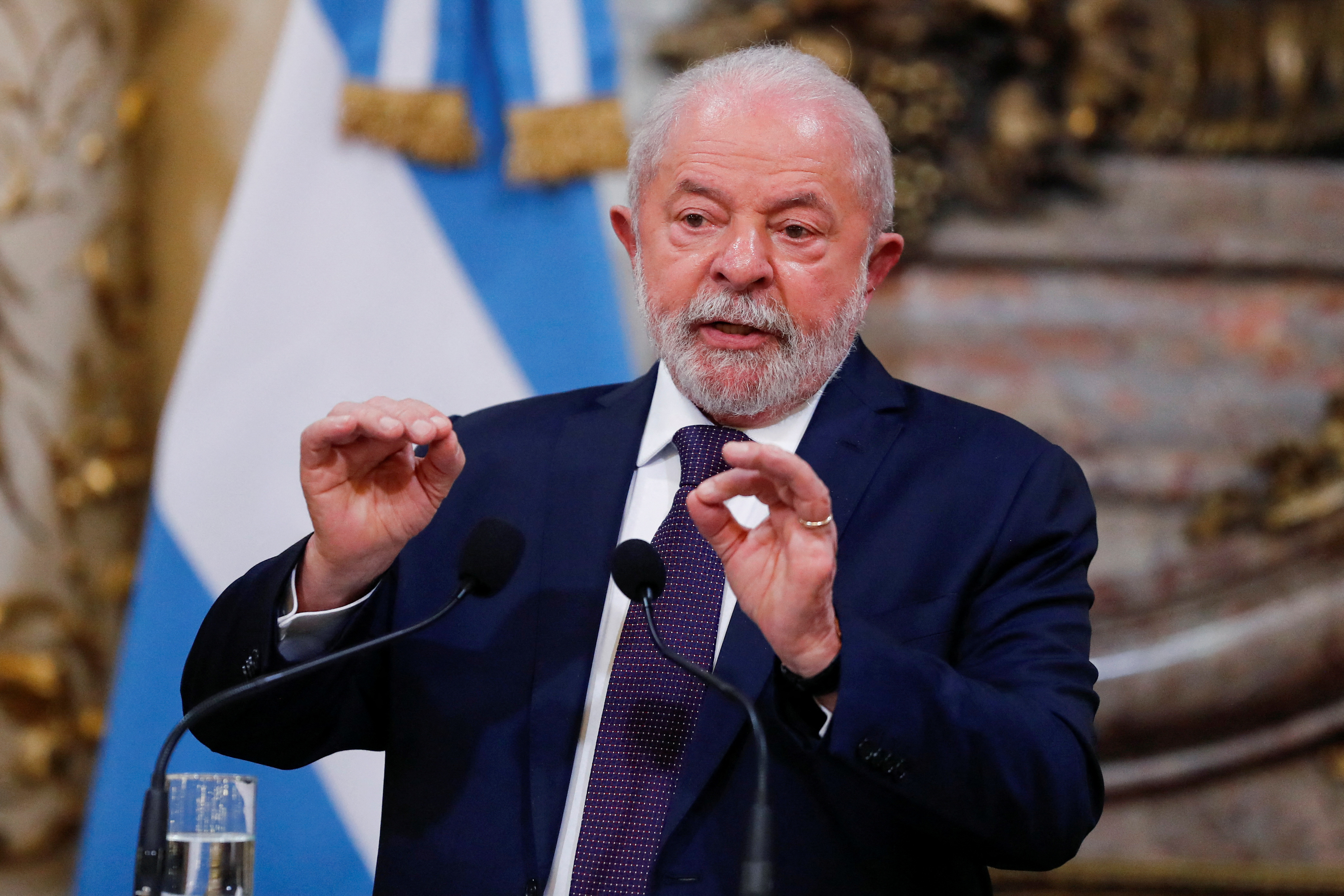 Brazil's President Luiz Inacio Lula da Silva gestures, at a bilateral agreement signing ceremony with Argentina's President Alberto Fernandez (not pictured), during?Lula da Silva?s?first official visit abroad since his inauguration, at the Casa Rosada presidential palace in Buenos Aires, Argentina, January 23, 2023. REUTERS/Agustin Marcarian