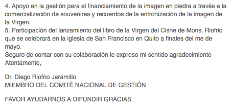 Publicación colgada en la página de Facebook de la asociación de lojanos residentes en Quito donde se reproduce una comunicación enviada por Diego Riofrío Jaramillo solicitando apoyo para la entronización de la imagen.
