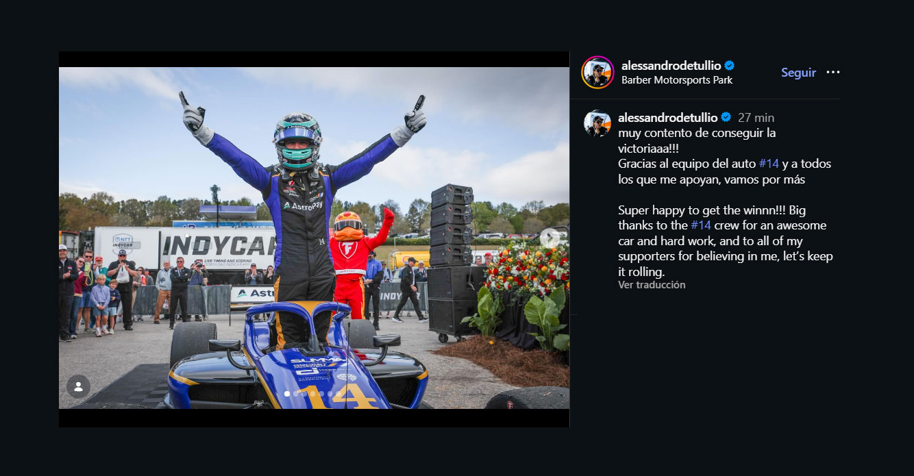 Hist&oacute;rico triunfo del piloto argentino Alessandro De Tullio en la Indy NXT: 