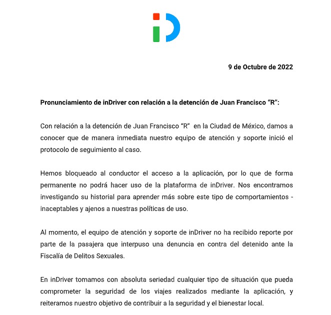 La aplicación de taxis emitió un pronunciamiento respecto al caso (Foto: Captura de pantalla)