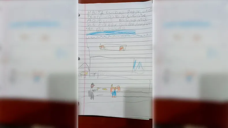 Este es el dibujo que hizo el nene de 7 años: un ladrón le pega un tiro a un hombre que no se resiste al asalto