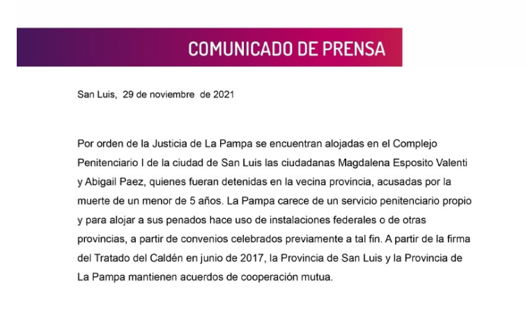 El comunicado de confirma el traslado de las imputadas por el crimen de Lucio Dupuy a la provincia de San Luis