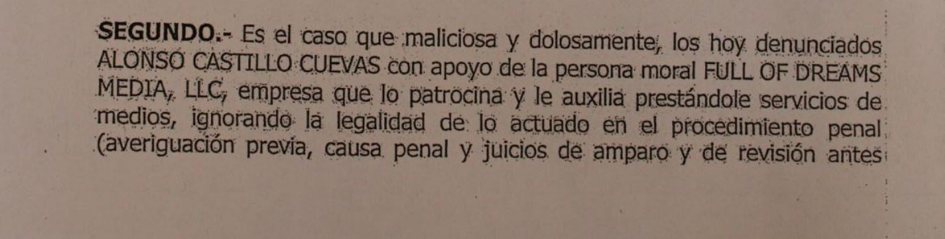 Parte de la denuncia de Gertz Manero en contra de Alonso Castillo, hijo de Alejandra Cuevas (Captura de pantalla)