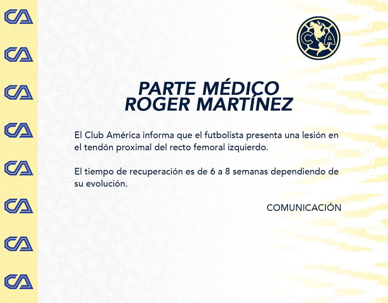 La dirección de comunicación del equipo confirmó el tiempo estimado para la recuperación de Roger Martínez (Foto: Twitter/@ClubAmerica)