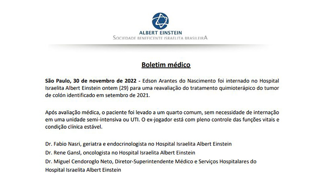 El parte médico del Hospital Israelita Albert Einstein de la ciudad de San Pablo sobre la salud del astro brasileño