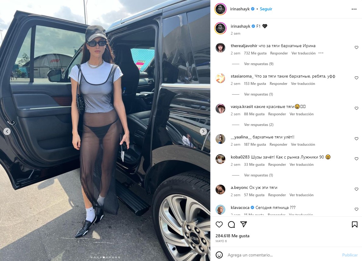 Irina Shayk apareció en el Gran Premio de Miami con una falda transparente que dejó al descubierto su ropa interior Foto: Instagram/irinashayk