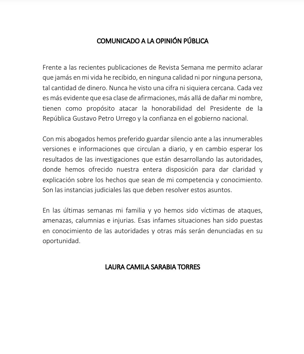 Laura Sarabia hizo público un comunicado de prensa este jueves 15 de junio de 2023.