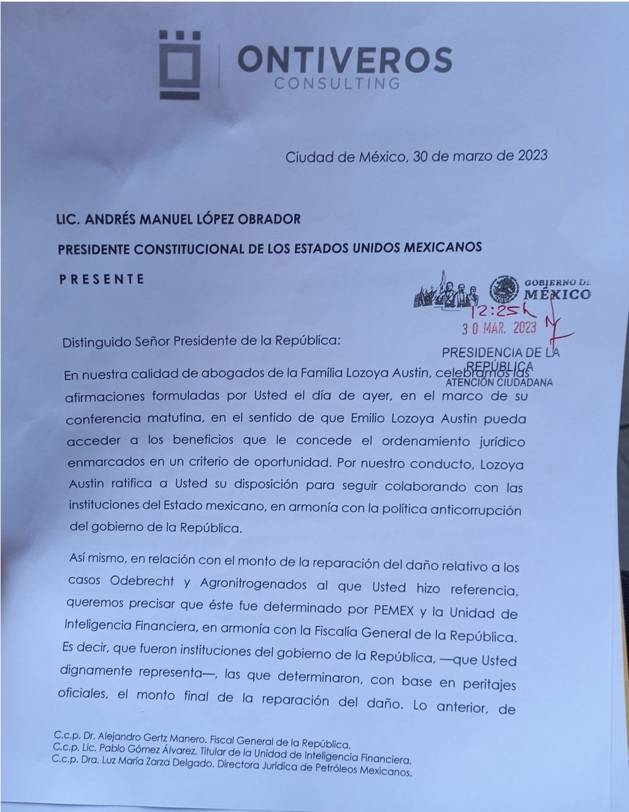 Defensa de Emilio Lozoya envió carta a AMLO (Ontiveros Consulting)
