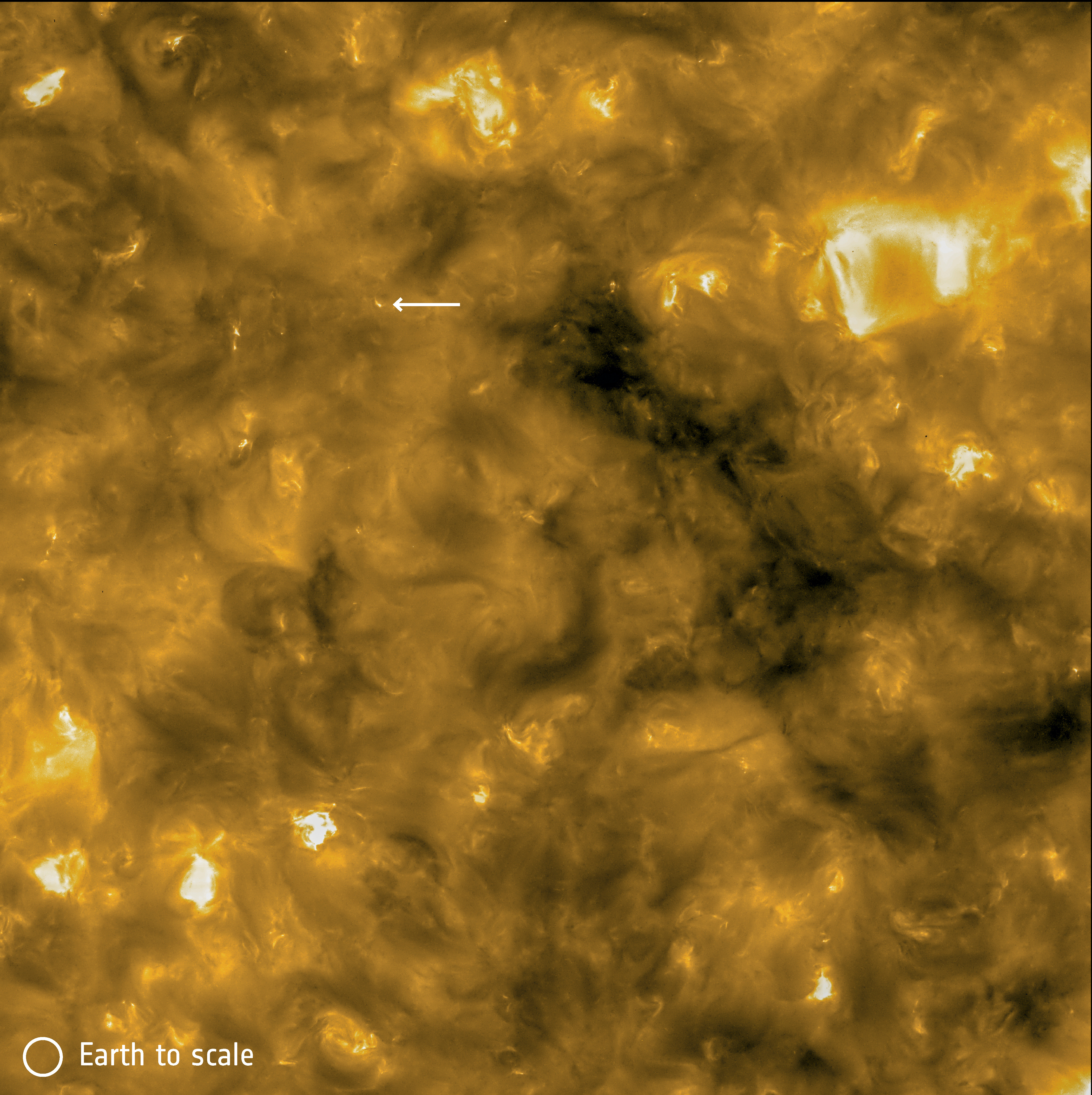 Una imagen de alta resolución del Sol de la Extreme Ultraviolet Imager (EUI) tomada con el telescopio HRIEUV en la nave espacial Solar Orbiter de la NASA/ESA, tomada el 30 de mayo de 2020 y publicada por la ESA el 16 de julio de 2020. El círculo en la esquina inferior izquierda indica el tamaño de la Tierra a escala. La flecha apunta a una de las características de la superficie solar, llamada 