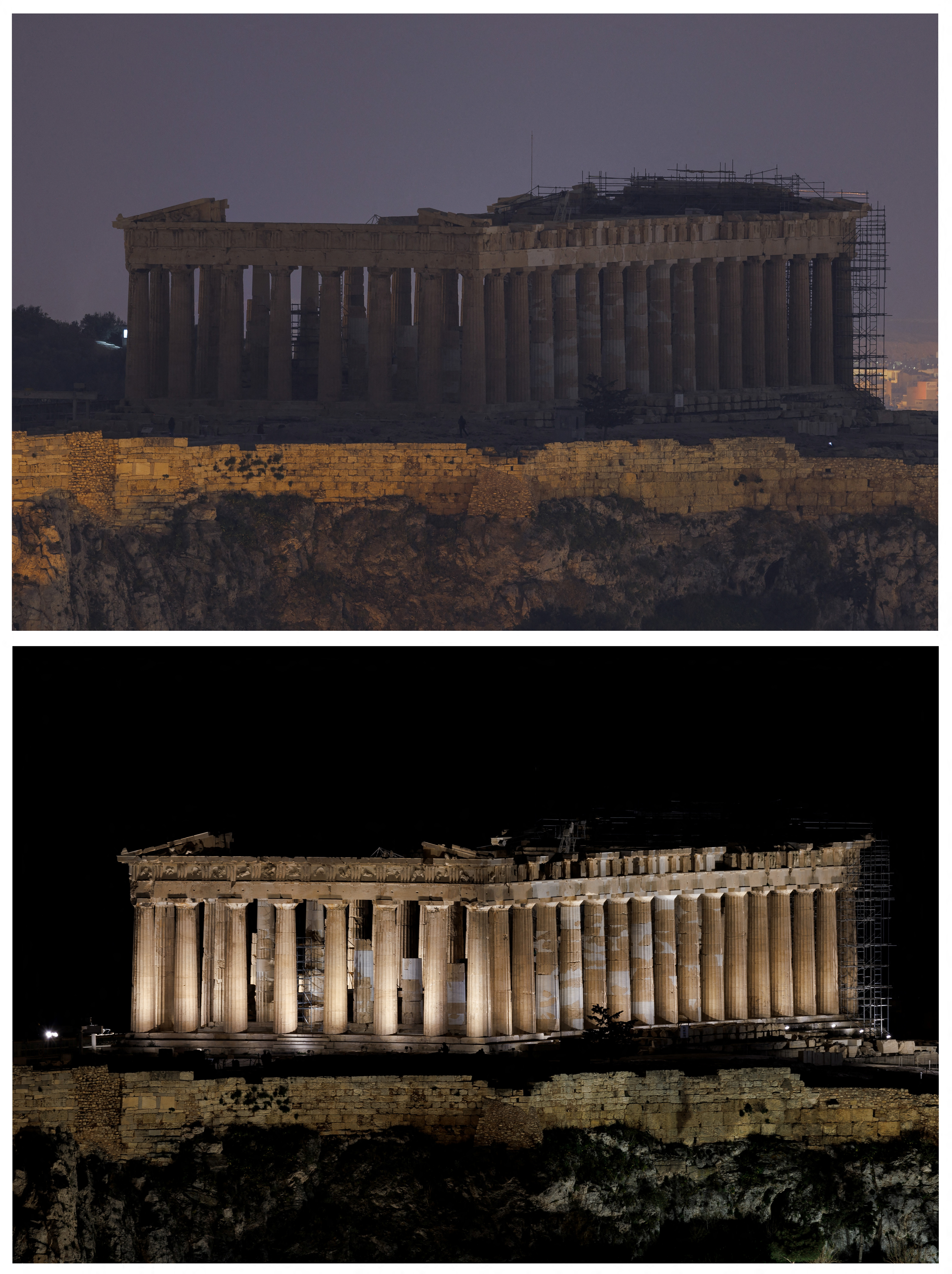 Una imagen combinada muestra una vista del antiguo templo del Partenón en lo alto de la colina de la Acrópolis durante y después de la Hora del Planeta en Atenas, Grecia, el 25 de marzo de 2023. REUTERS/Alkis Konstantinidis