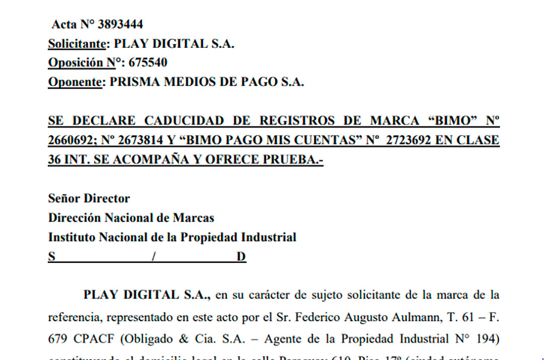 La presentación de Play Digital pidiendo la "caducidad por falta de uso" de la marca Bimo, registrada años atrás por Prisma.