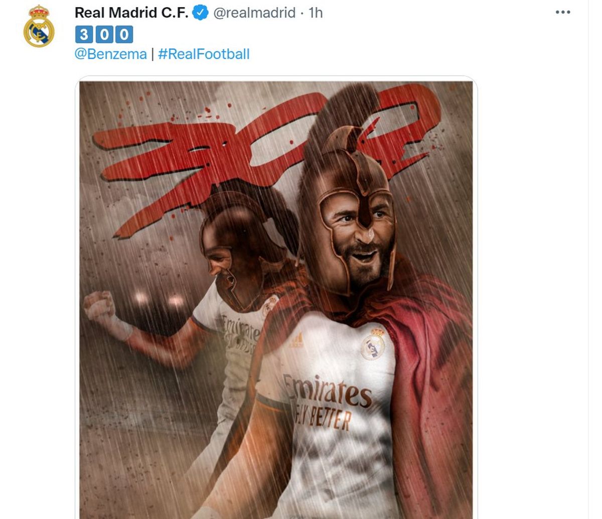 Karim Benzema anotó su gol número 300 con Real Madrid (Foto: Twitter Real Madrid)