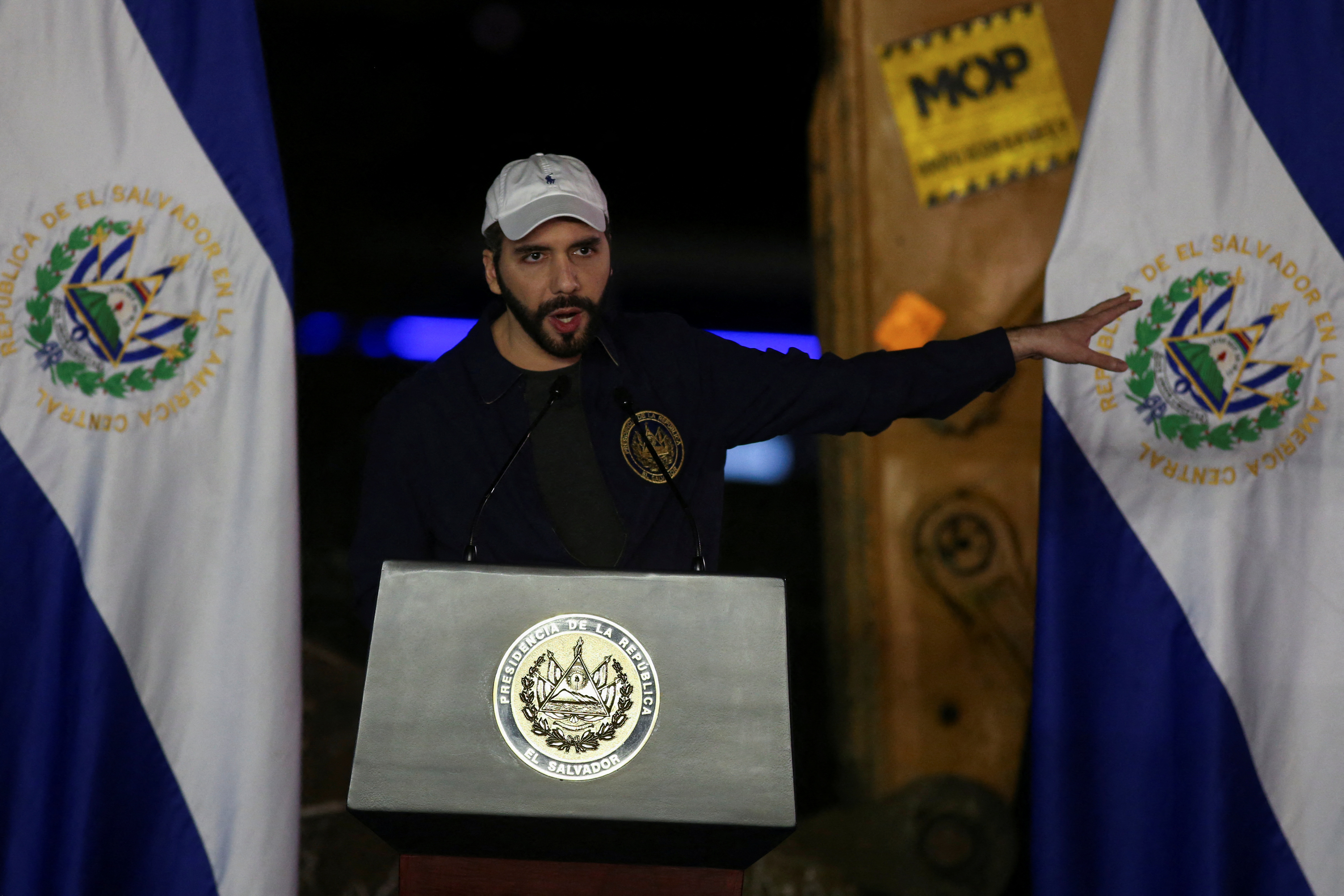 El Salvador's President Nayib Bukele speaks during a ceremony to lay the first stone of a traffic overpass, in Santa Tecla, El Salvador February 1, 2022. REUTERS/Jose Cabezas