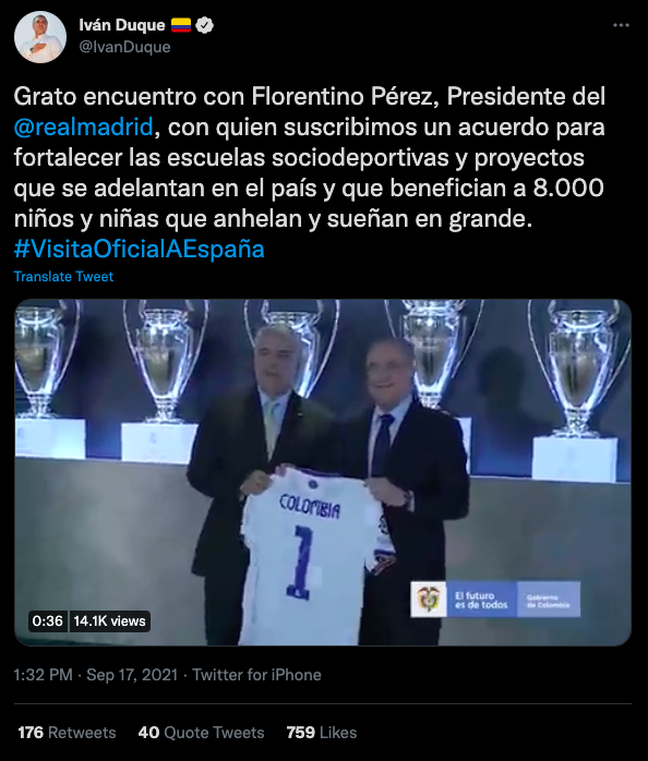 Iván Duque reunido con Florentino Pérez en la sede del Real Madrid / (Twitter: @ivanduque)