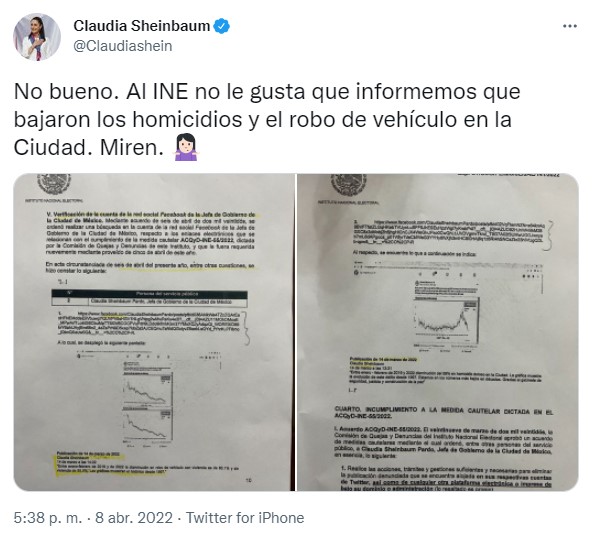 La mandataria capitalina aseguró que al órgano electoral “no le gusta que informemos” (Foto: Twitter/@Claudiashein)