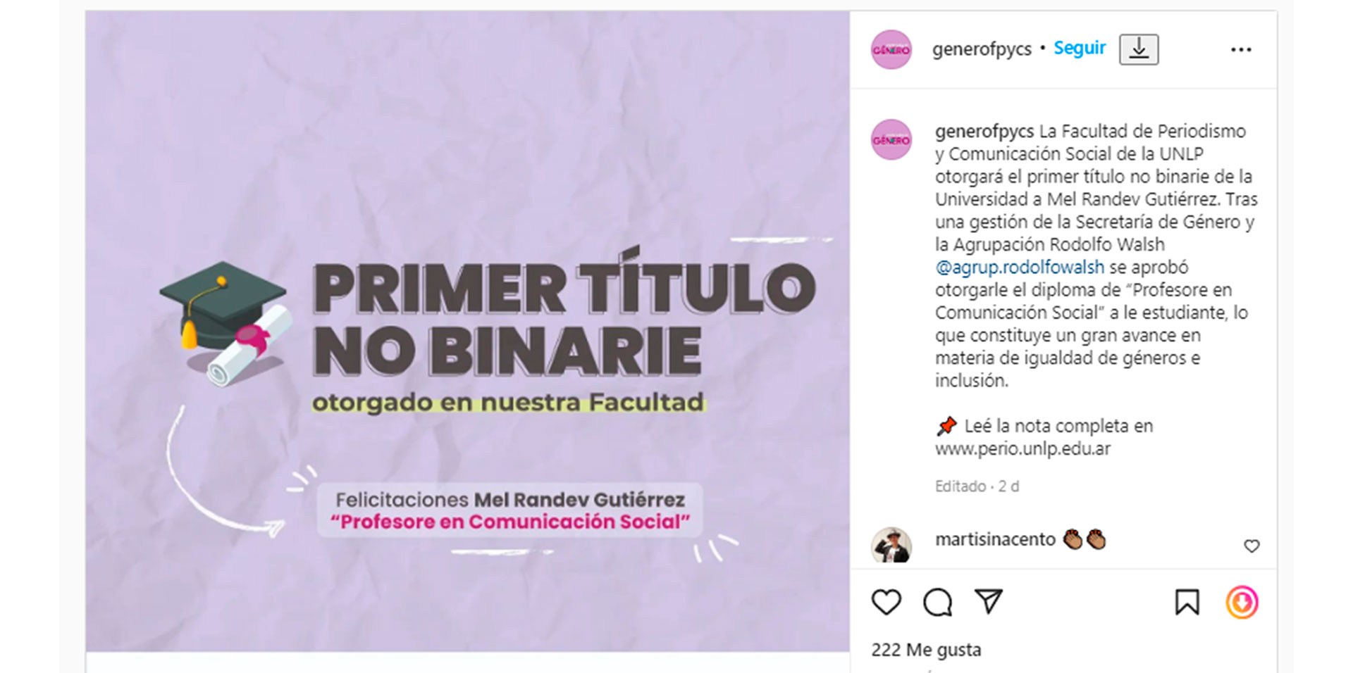 La Facultad de Periodismo de la UNLP entregará el primer título no binarie a Mel Randev Gutiérrez.