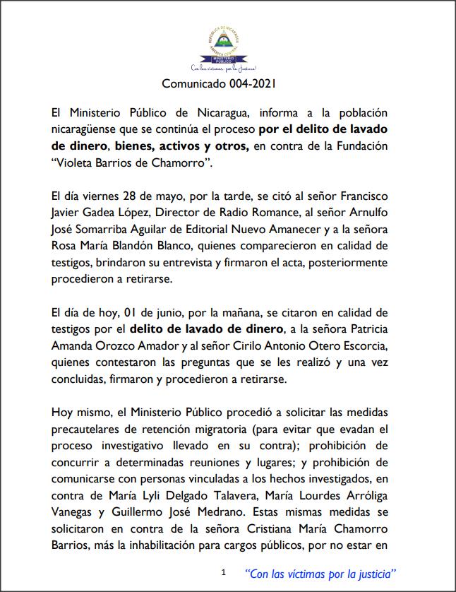Documento emitido por el Ministerio Público del régimen nicaragüense que pide la inhabilitación de Cristina Chamorro