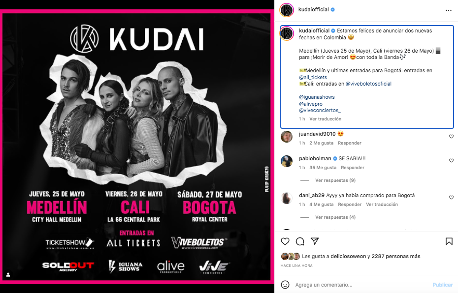 Kudai tendrá dos nuevas fechas en Colombia. 25 de mayo en Medellín y 26 de mayo en Cali. @kudaiofficial/Instagram