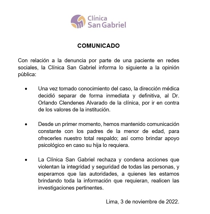 Denuncian Que Médico De La Clínica San Gabriel Realizó Tocamientos Indebidos A Menor De Edad 0857