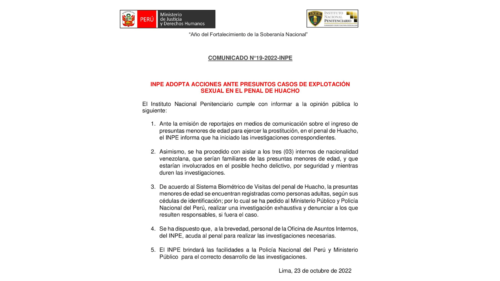 Inpe Contest Por Menores De Edad Que Eran Explotadas Sexualmente En Penal De Carquin En Huacho