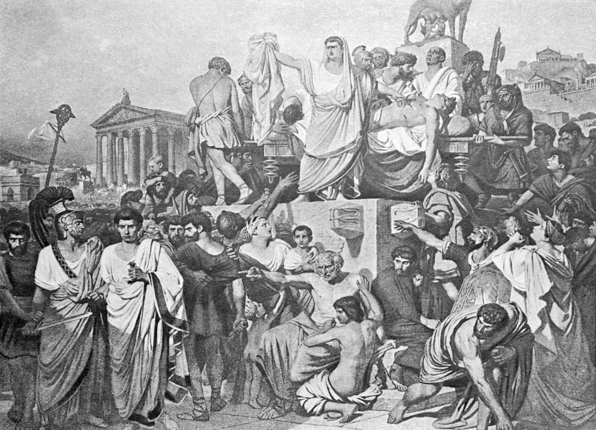 El 15 de marzo del 44 a. C, Marco Antonio ofreció una oración sobre el cuerpo de Julio César tras el crimen perpetrado en el Senado. (Photo by Archive Photos/Getty Images)