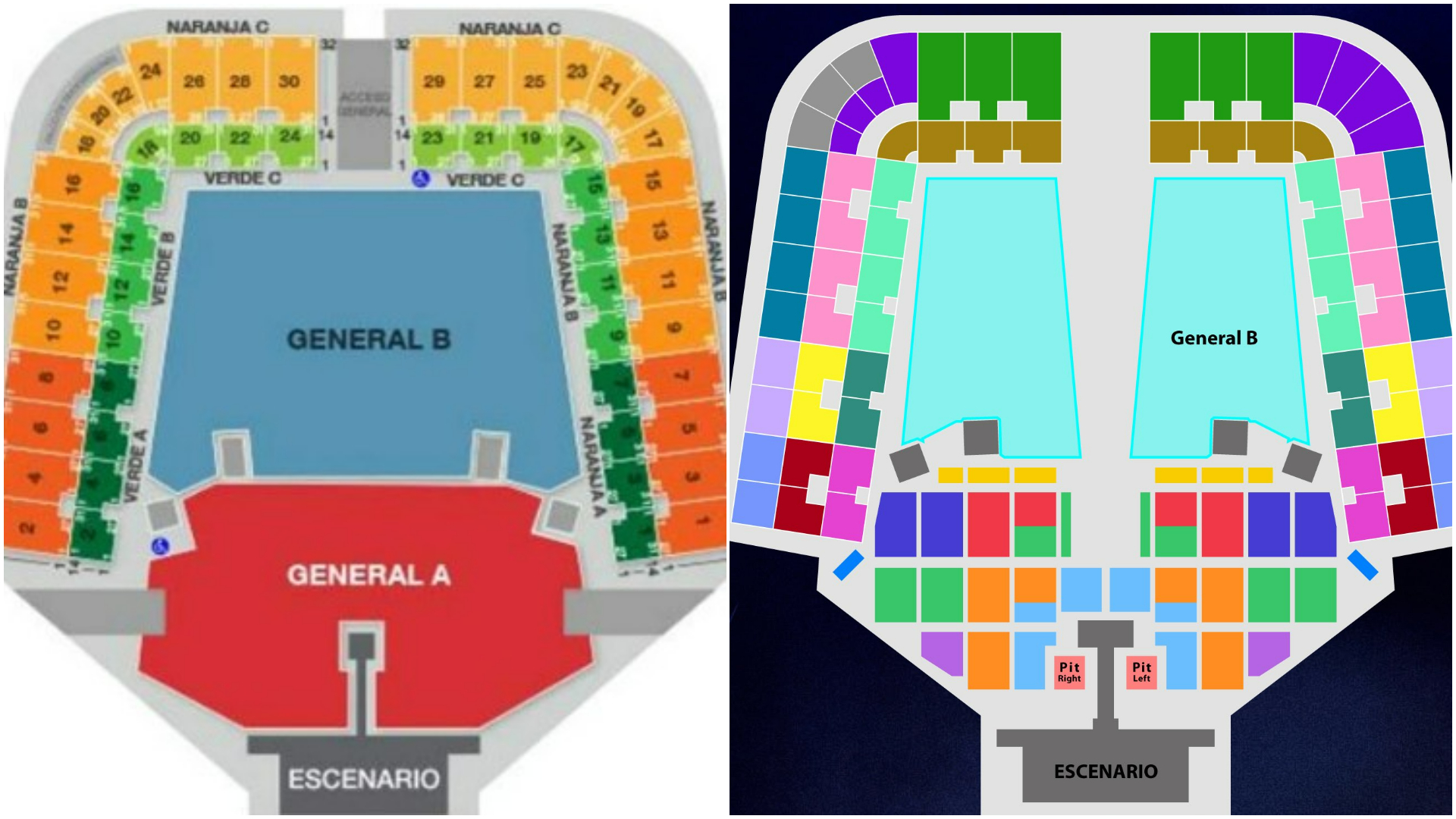 A la izquierda, la distribución de los boletos para Coldplay en 2022 y a la derecha, las más de 20 divisiones para Blackpink (Ticketmaster)