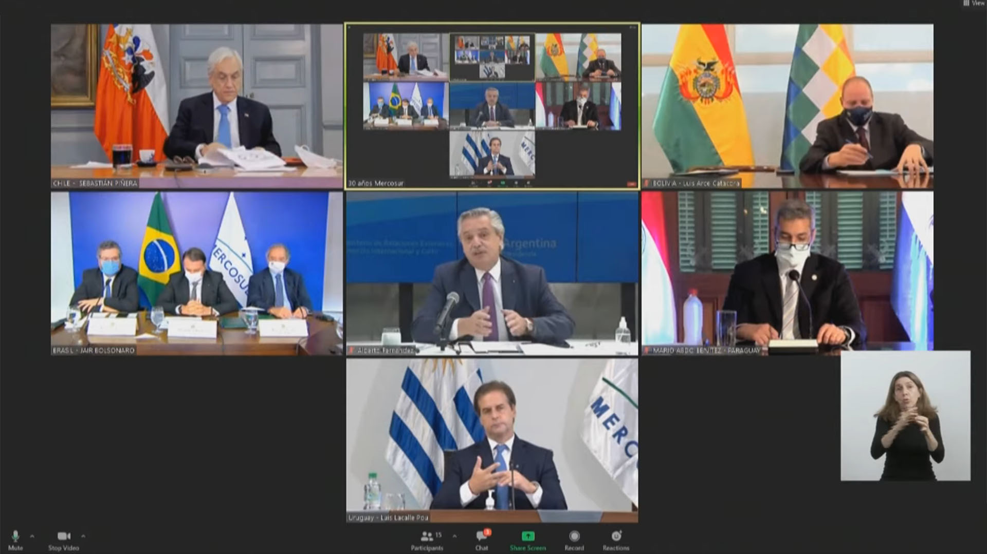 La última reunión de los presidentes de los países que integran el Mercosur realizada por videoconferencia. (Pres. Mercosur)