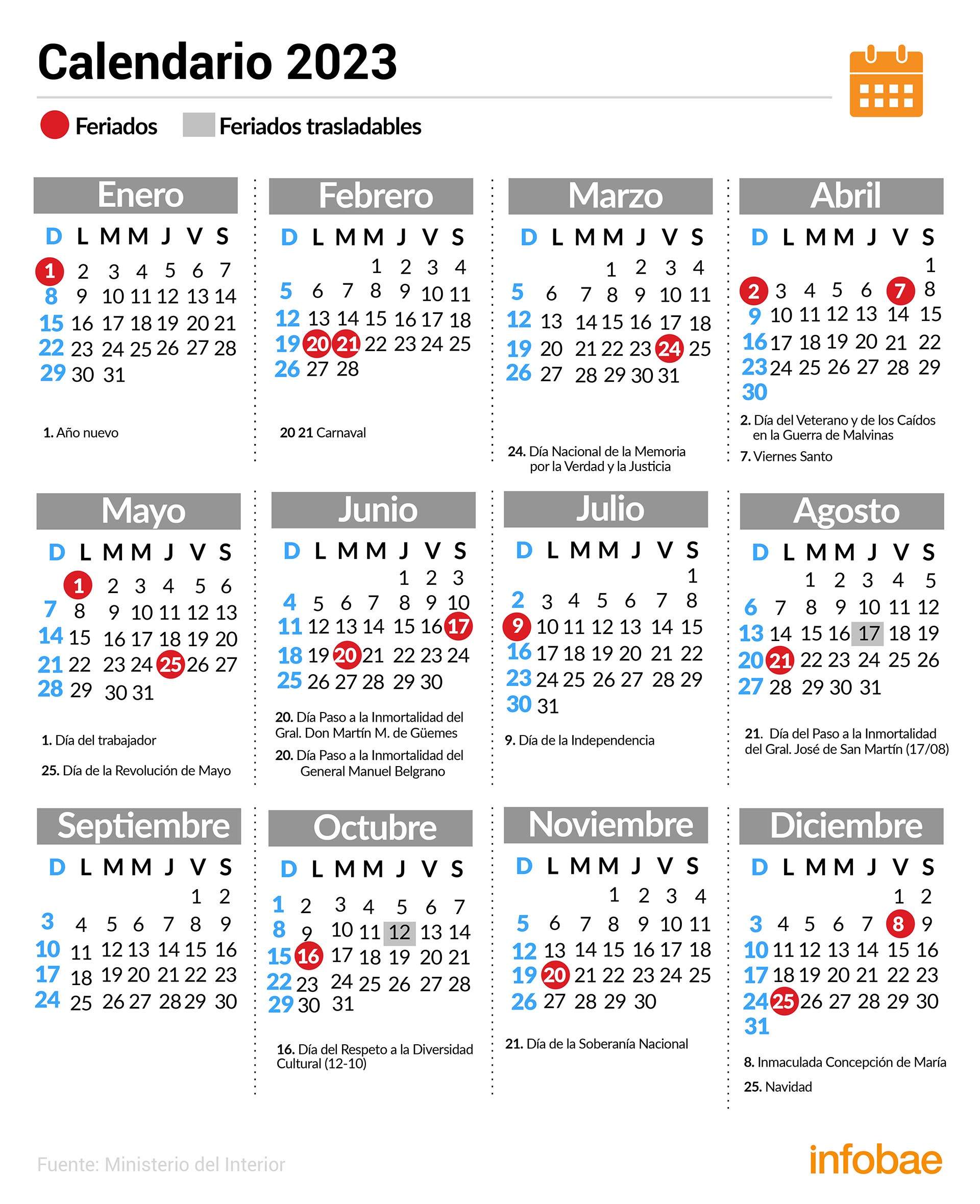 El calendario de feriados de 2023 completo.