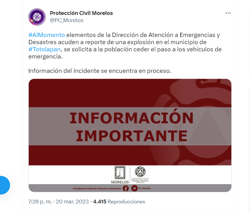 A través de redes sociales Protección Civil de Morelos pidió a la población ceder el paso a los vehículos de emergencia (Foto: captura de pantalla/Twitter)