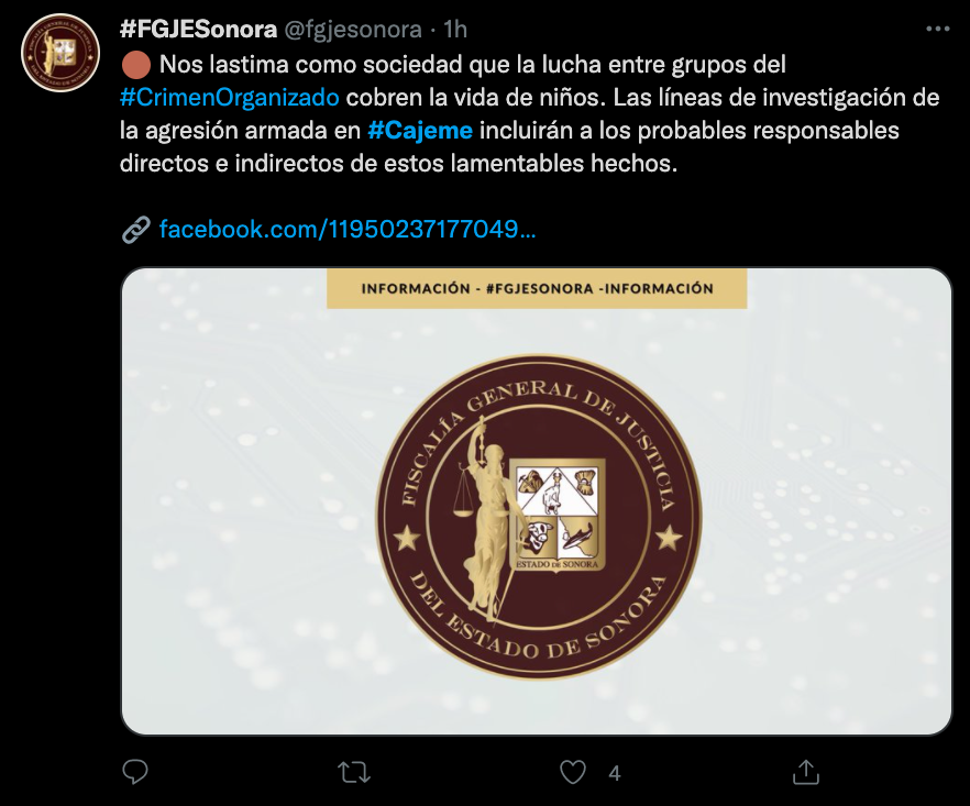 El menor de tres años de edad, José Rafael, arribó al hospital sin signos vitales: falleció debido a las heridas provocadas por las armas de fuego (Foto: Twitter/@fgjesonora)