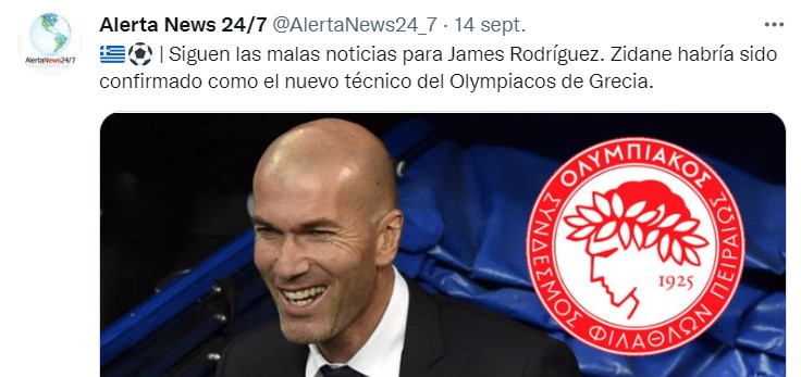 Varios usuarios de Twitter se tomaron con humor el fichaje de James Rodríguez por el Olimpiacos. Imagen: @alertanews24/7.