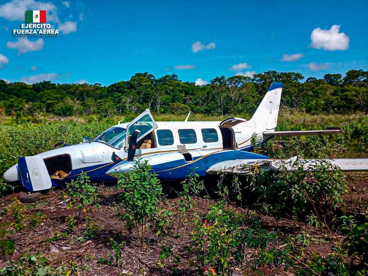 Ejército y Fuerza Aérea Mexicanos  aseguraron aeronave y posible cocaína en Campeche.