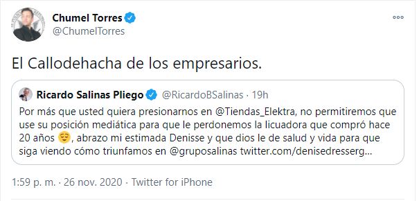 Chumel Torres comparó a Ricardo Salinas con Callodehacha (Foto: Twitter/@ChumelTorres)