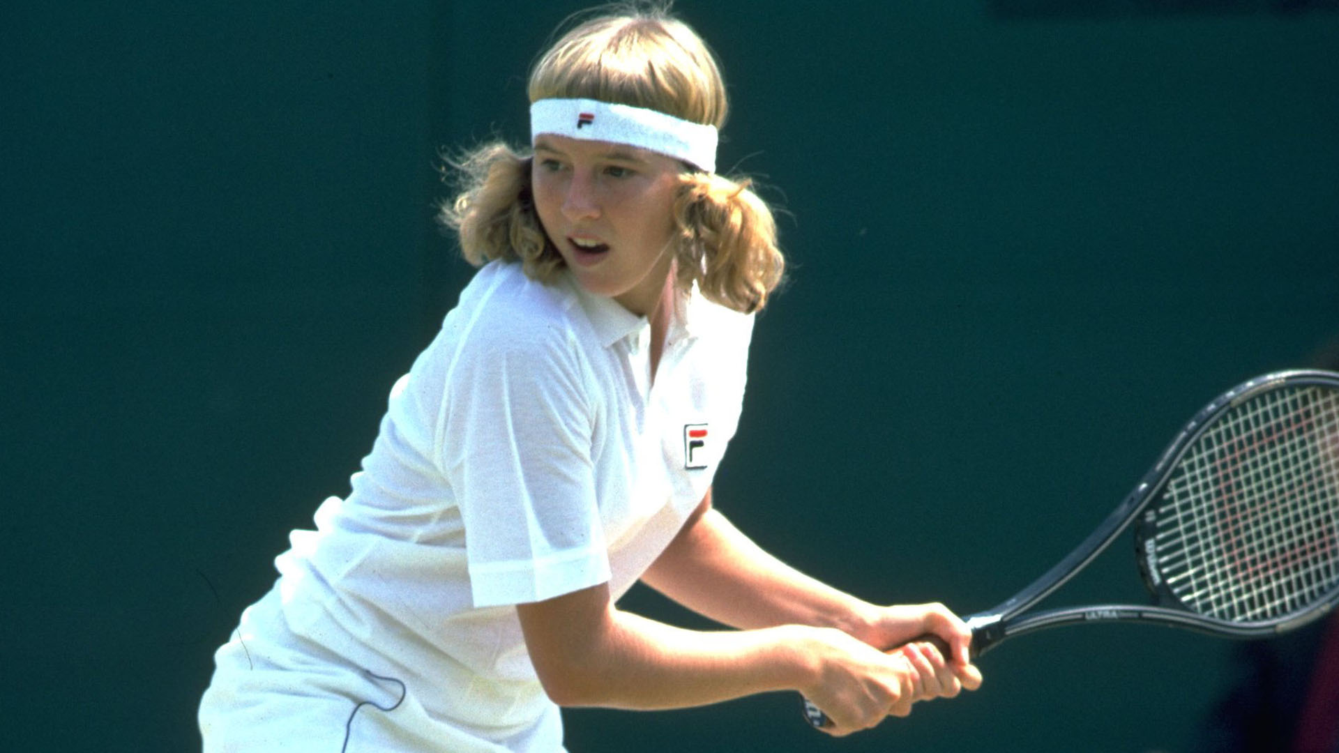 Andrea Jaeger durante un partido de Wimbledon en 1982 (Getty)