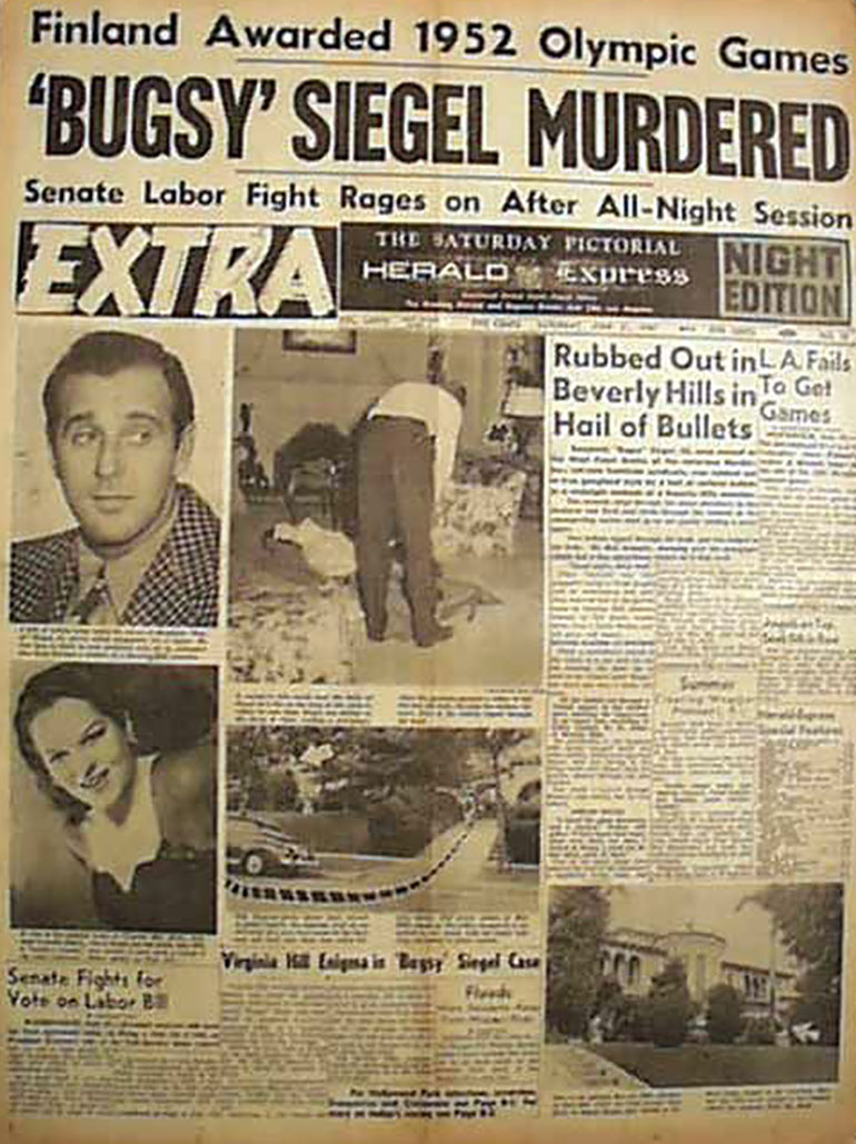 El 21 de junio de 1947, la foto de Siegel acribillado en su sillón francés apareció en las portadas de casi todos los diarios norteamericanos