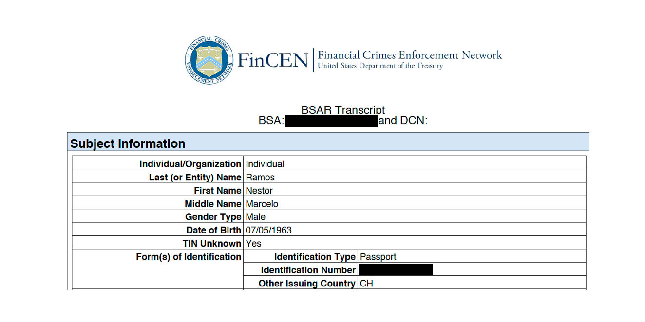 El informe secreto de la FinCen donde aparece reportado Ramos por transacciones sospechosas de Sarleaf, la empresa de la que accionista nominal y director.