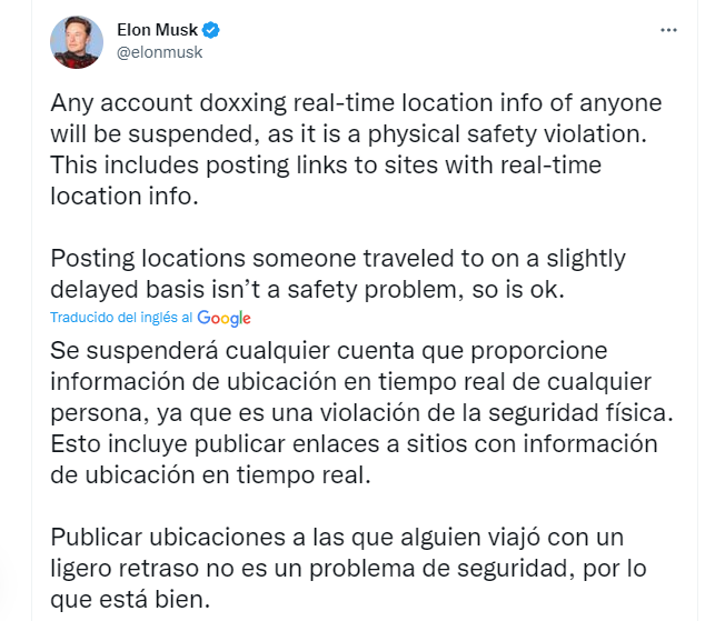 Musk aseguró desde su cuenta en Twitter que se procederá a la suspensión de usuarios que proporcionen información de ubicación en tiempo real de cualquier persona. (TWITTER)