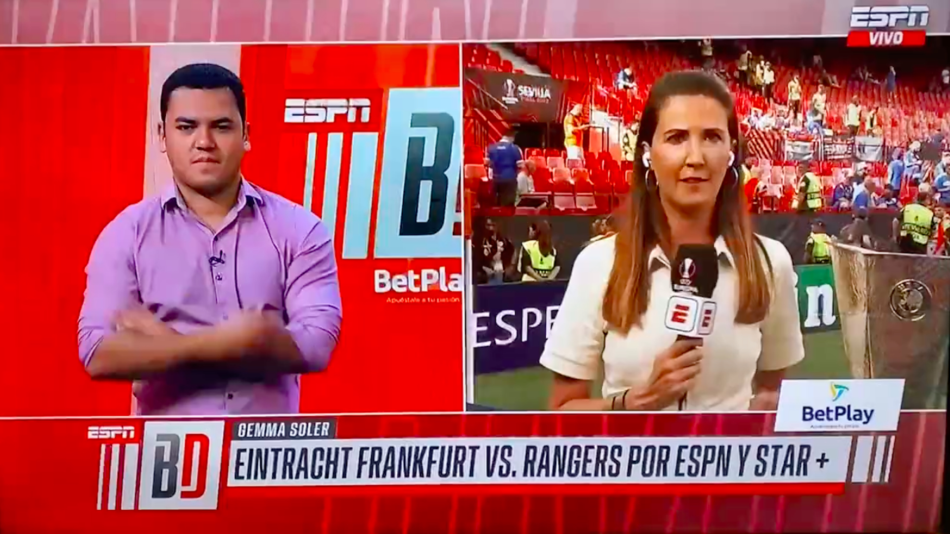 Víctor Romero y Gemma Soler en el cubrimiento previo a la UEFA Europa League 2021/22 por ESPN en Balón Dividido / (ESPN)