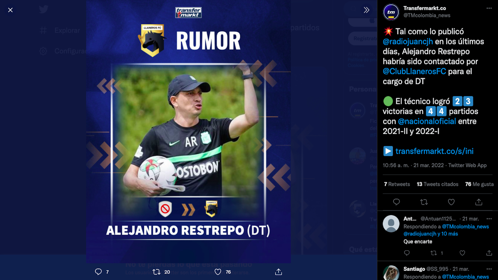 Alejandro Restrepo recibe oferta laboral para dirigir a Llaneros FC en el Torneo BetPlay Dimayor / (Twitter: @TMcolombia_news)