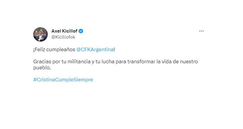 El gobernador de la provincia de Buenos Aires saludó a la ex mandataria en twitter