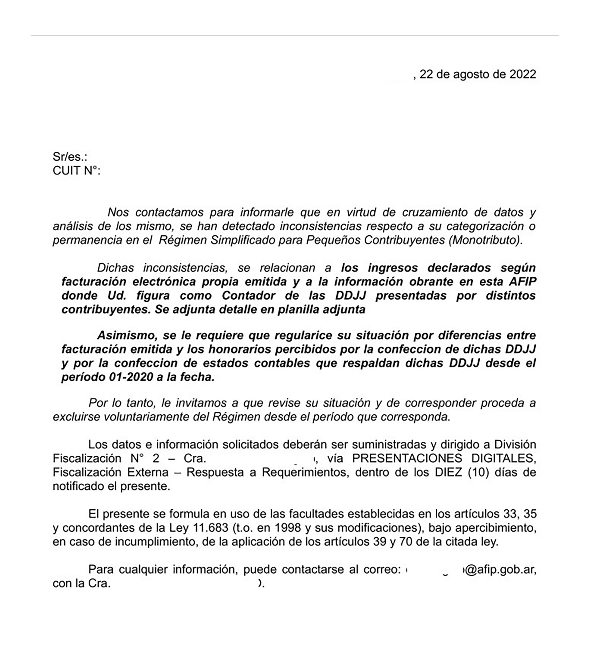 La intimación de la AFIP a algunos contadores