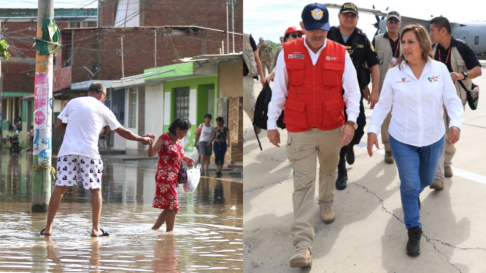 Dina Boluarte arrived in Piura to learn about the measures adopted to mitigate the damage caused by the heavy rains caused by El Niño Costero.  (Composition: Infobae)