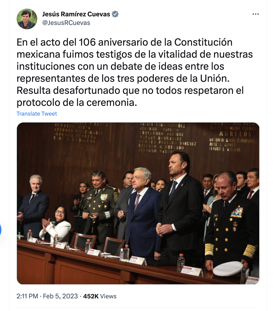 Sin mencionar a Norma Piña, Jesús Ramírez lamentó que "no todos respetaron el protocolo". (Twitter)